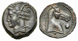 Carthaginian Domain, Sardinia, ca. 264-241 BC; AE (g 4,07; mm 18; h 9). Wreathed head of Kore-Tanit l.; pellet below; Rv. Head of horse r.; large pell...