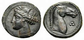 Carthaginian Domain, Sardinia, ca. 264-241 BC; AE (g 4,36; mm 20; h 6). Head of Tanit l.; Rv. Horse’s head r.; three pellets to r. Piras 19; SNG Copen...