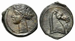 Carthaginian Domain, Sardinia, ca. 264-241 BC; AE (g 4,93; mm 21; h 2). Wreathed head of Kore-Tanit l.; Rv. Head of horse r.; palm-tree before. Piras ...