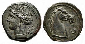 Carthaginian Domain, Sardinia, ca. 264-241 BC; AE (g 4,61; mm 19; h 9). Wreathed head of Kore-Tanit l.; three pellets behind; Rv. Head of horse r.; le...
