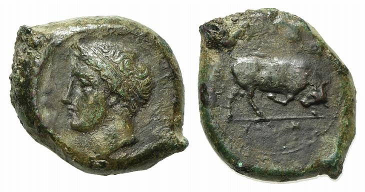 Sicily, Adranon, Bronze, ca. 339-317 BC; AE (g 9,80; mm 21; h 3). Head of horned...