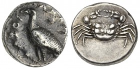 Sicily, Akragas, Didrachm, ca. 510-495 BC. AR (g 8,75; mm 20; h 9). AKRAC - ANTOΣ eagle standing l., Rv. crab within incuse circle. Westermark, Coinag...