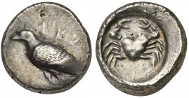 Sicily, Akragas, Didrachm, ca. 495-485 BC. AR (g 8,83; mm 21; h 5). AKRA, eagle standing l., Rv. crab within incuse circle. Westermark, Coinage, Perio...