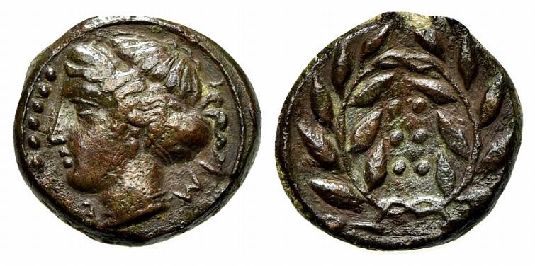 Sicily, Himera, Hemilitron, ca. 415-409 BC. AE (g 3,79; mm 15; h 7). Head of nym...