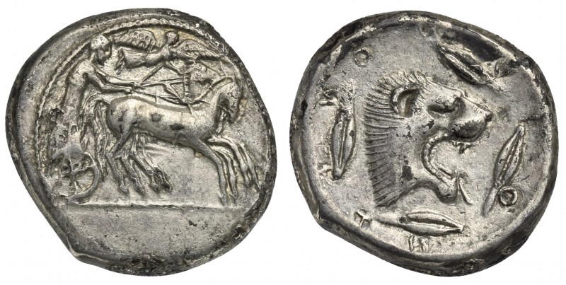 Sicily, Leontini, Tetradrachm, ca. 476-468 BC. AR (g 16,70; mm 27; h 9). Chariot...