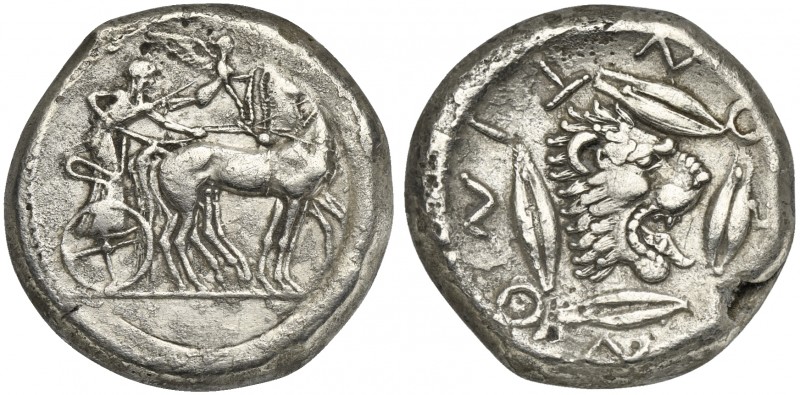 Sicily, Leontini, Tetradrachm, ca. 476-466 BC; AR (g 16,92; mm 24; h 6); Chariot...