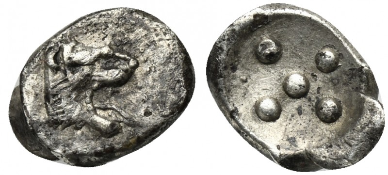 Sicily, Leontini, Pentonkion, ca. 475-470 BC. AR (g 0,38; mm 7; h -). Head of ro...