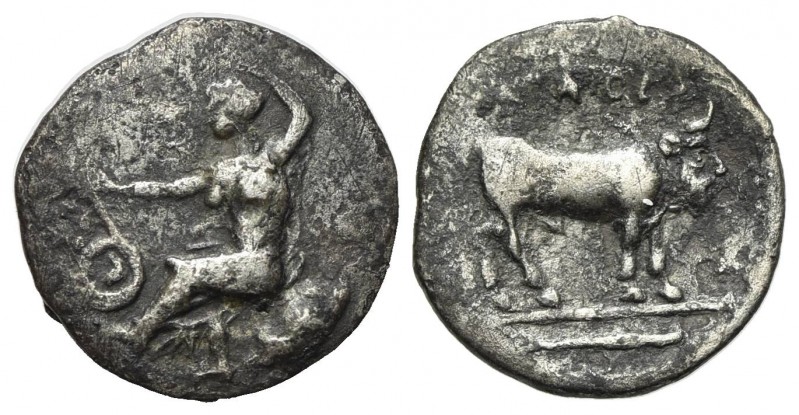 Sicily, Selinos, Litra, ca. 410 BC. AR (g 0.57; mm 11; h 9). Nymph seated l. on ...