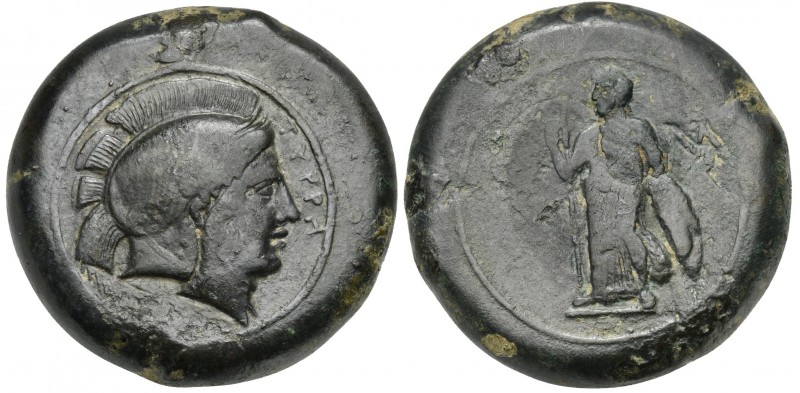 Sicily, Tyrrhenoi, 354/3-344 BC; AE (g 29,81; mm 30; h 3); TYPPH, Helmeted head ...