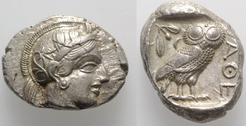 Attica, Athens, Tetradrachm, ca. 454-404 BC. AR (g 17,23; mm 27; h 10). Helmeted...