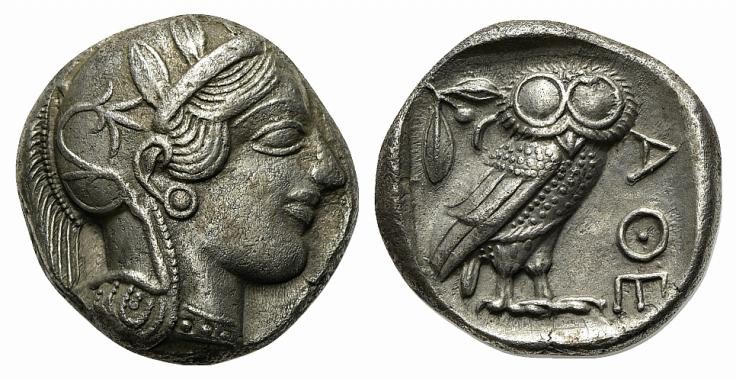 Attica, Athens, Tetradrachm, ca. 454-404 BC. AR (g 17,03; mm 22; h 9). Helmeted ...