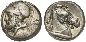 Anonymous, Didrachm, Neapolis, ca. 310-300 BC. AR (g 7,52; mm 18; h 6). Helmeted head of Mars l.; oak-spray behind, Rv. Horse’s head r., wearing bridl...