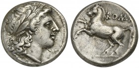 Anonymous, Didrachm, Rome, ca. 235 BC. AR (g 6,40; mm 19; h 11). Laureate head of Apollo r., Rv. Horse rearing l.; ROMA above. Crawford 26/1; RSC 37; ...