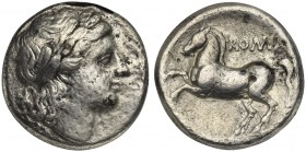 Anonymous, Didrachm, Rome, ca. 235 BC. AR (g 6,46; mm 19; h 6). Laureate head of Apollo r., Rv. Horse rearing l.; ROMA above. Crawford 26/1; RSC 37; S...