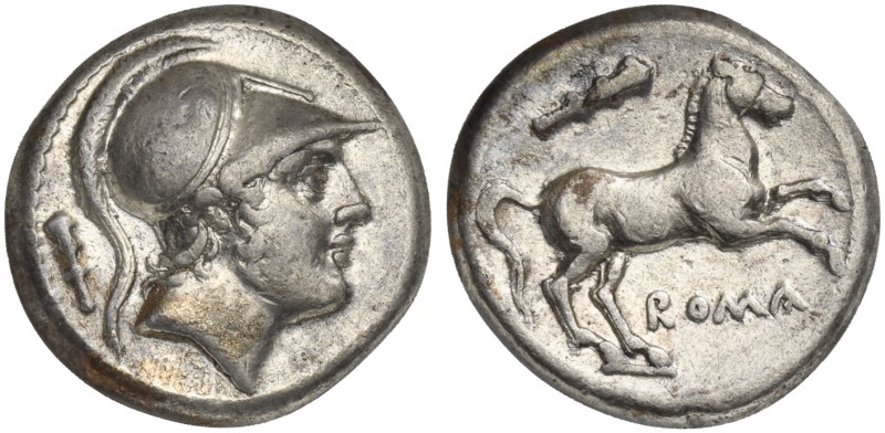 Anonymous, Didrachm, Rome, ca. 235 BC. AR (g 6,59; mm 19; h 6). Helmeted head of...