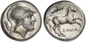 Anonymous, Didrachm, Rome, ca. 235 BC. AR (g 6,59; mm 19; h 6). Helmeted head of Mars r.; club behind, Rv. Horse galloping r.; club above, ROMA below....