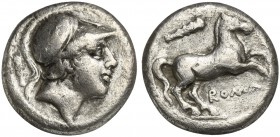 Anonymous, Didrachm, Rome, ca. 235 BC. AR (g 6,48; mm 19; h 6). Helmeted head of Mars r.; club behind, Rv. Horse galloping r.; club above, ROMA below....