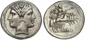 Anonymous, Didrachm - Quadrigatus, Rome, ca. 225-212 BC. AR (g 6,65; mm 24; h 6). Laureate head of Janus, Rv. Jupiter, holding sceptre and thunderbolt...