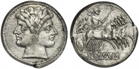 Anonymous, Didrachm - Quadrigatus, Rome, ca. 225-212 BC. AR (g 6,58; mm 21; h 3). Laureate head of Janus, Rv. Jupiter, holding sceptre and thunderbolt...