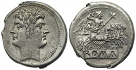 Anonymous, Didrachm - Quadrigatus, Rome, ca. 225-212 BC. AR (g 6,74; mm 22.5; h 6). Laureate head of Janus, Rv. Jupiter, holding sceptre and thunderbo...