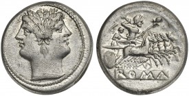 Anonymous, Didrachm - Quadrigatus, Rome, ca. 225-212 BC. AR (g 6,21; mm 21; h 5). Laureate head of Janus, Rv. Jupiter, holding sceptre and thunderbolt...