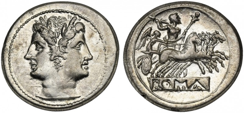 Anonymous, Didrachm - Quadrigatus, Rome, ca. 225-212 BC. AR (g 6,55; mm 23; h 8)...