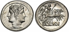 Anonymous, Didrachm - Quadrigatus, Rome, ca. 225-212 BC. AR (g 6,55; mm 23; h 8). Laureate head of Janus, Rv. Jupiter, holding sceptre and thunderbolt...