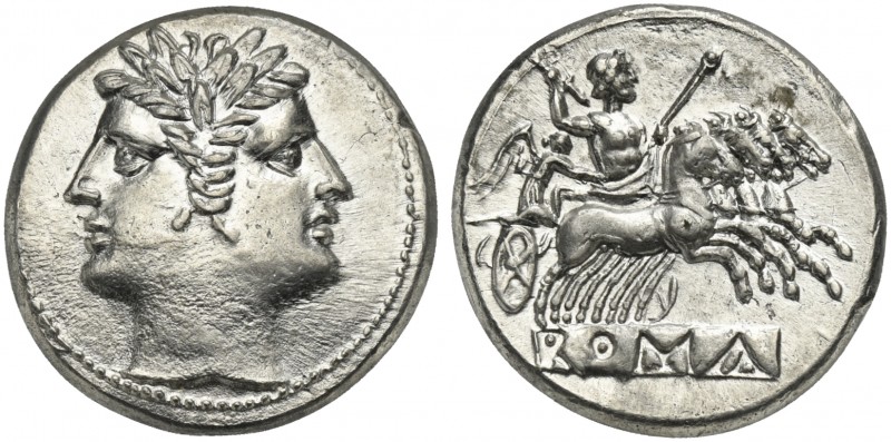 Anonymous, Didrachm - Quadrigatus, Rome, ca. 225-212 BC. AR (g 6,64; mm 22; h 6)...