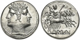 Anonymous, Didrachm - Quadrigatus, Rome, ca. 225-212 BC. AR (g 6,64; mm 22; h 6). Laureate head of Janus, Rv. Jupiter, holding sceptre and thunderbolt...