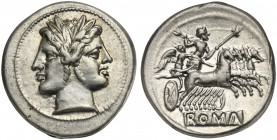 Anonymous, Didrachm - Quadrigatus, Rome, ca. 225-212 BC. AR (g 6,66; mm 23; h 5). Laureate head of Janus, Rv. Jupiter, holding sceptre and thunderbolt...
