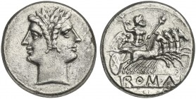 Anonymous, Didrachm - Quadrigatus, Rome, ca. 225-212 BC. AR (g 6,53; mm 21; h 6). Laureate head of Janus, Rv. Jupiter, holding sceptre and thunderbolt...