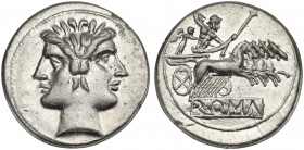 Anonymous, Didrachm - Quadrigatus, Rome, ca. 225-212 BC. AR (g 6,71; mm 23; h 1). Laureate head of Janus, Rv. Jupiter, holding sceptre and thunderbolt...