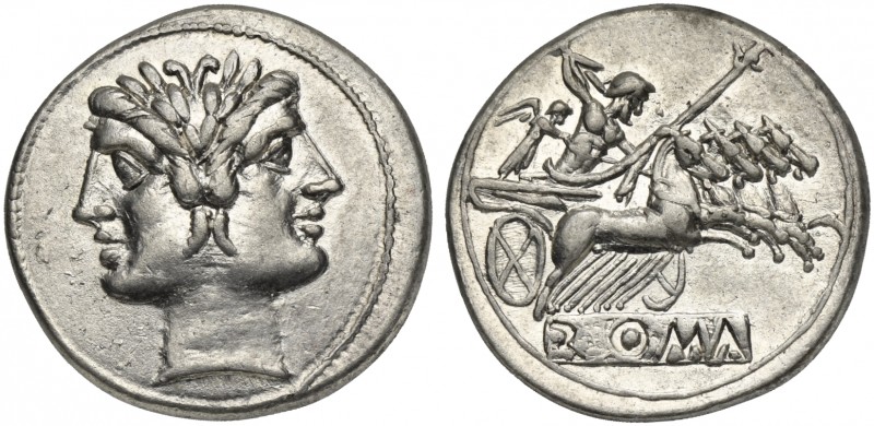 Anonymous, Didrachm - Quadrigatus, Rome, ca. 225-212 BC. AR (g 6,66; mm 22; h 8)...