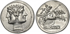 Anonymous, Didrachm - Quadrigatus, Rome, ca. 225-212 BC. AR (g 6,66; mm 22; h 8). Laureate head of Janus, Rv. Jupiter, holding sceptre and thunderbolt...