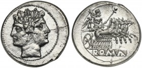 Anonymous, Didrachm - Quadrigatus, Rome, ca. 225-212 BC. AR (g 6,48; mm 25; h 6). Laureate head of Janus, Rv. Jupiter, holding sceptre and thunderbolt...