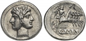 Anonymous, Didrachm - Quadrigatus, Rome, ca. 225-212 BC. AR (g 6,66; mm 25; h 7). Laureate head of Janus, Rv. Jupiter, holding sceptre and thunderbolt...