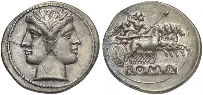 Anonymous, Didrachm - Quadrigatus, Rome, ca. 225-212 BC. AR (g 6,80; mm 25; h 6)...