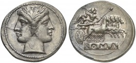 Anonymous, Didrachm - Quadrigatus, Rome, ca. 225-212 BC. AR (g 6,80; mm 25; h 6). Laureate head of Janus, Rv. Jupiter, holding sceptre and thunderbolt...
