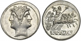 Anonymous, Didrachm - Quadrigatus, Rome, ca. 225-212 BC. AR (g 6,49; mm 23; h 10). Laureate head of Janus, Rv. Jupiter, holding sceptre and thunderbol...