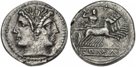 Anonymous, Didrachm - Quadrigatus, Rome, ca. 225-212 BC. AR (g 5,19; mm 20; h 8). Laureate head of Janus, Rv. Jupiter, holding sceptre and thunderbolt...