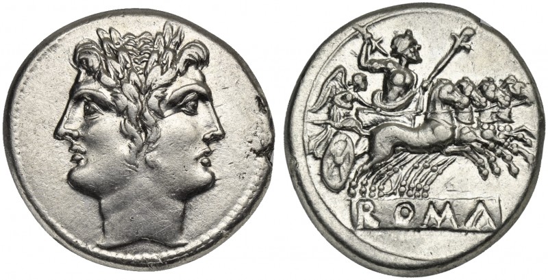 Anonymous, Didrachm - Quadrigatus, Rome, ca. 225-212 BC. AR (g 6,67; mm 22; h 7)...