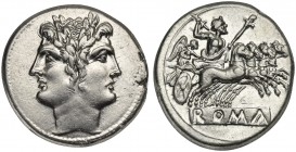Anonymous, Didrachm - Quadrigatus, Rome, ca. 225-212 BC. AR (g 6,67; mm 22; h 7). Laureate head of Janus, Rv. Jupiter, holding sceptre and thunderbolt...