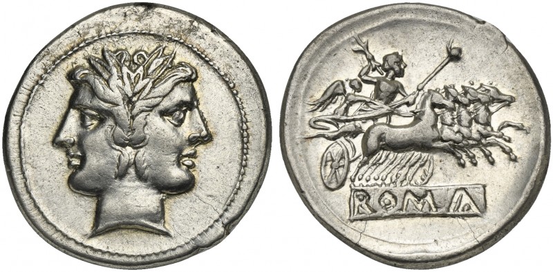 Anonymous, Didrachm - Quadrigatus, Rome, ca. 225-212 BC. AR (g 6,57; mm 24; h 6)...