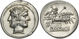 Anonymous, Didrachm - Quadrigatus, Rome, ca. 225-212 BC. AR (g 6,57; mm 24; h 6). Laureate head of Janus, Rv. Jupiter, holding sceptre and thunderbolt...