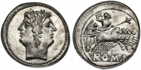 Anonymous, Didrachm - Quadrigatus, Rome, ca. 225-212 BC. AR (g 6,66; mm 21; h 7). Laureate head of Janus, Rv. Jupiter, holding sceptre and thunderbolt...