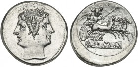 Anonymous, Didrachm - Quadrigatus, Rome, ca. 225-212 BC. AR (g 6,70; mm 23; h 6). Laureate head of Janus, Rv. Jupiter, holding sceptre and thunderbolt...