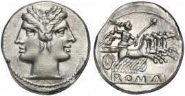Anonymous, Didrachm - Quadrigatus, Rome, ca. 225-212 BC. AR (g 6,55; mm 22; h 5). Laureate head of Janus, Rv. Jupiter, holding sceptre and thunderbolt...