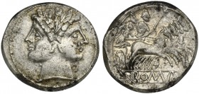 Anonymous, Didrachm - Quadrigatus, Rome, ca. 225-212 BC. AR (g 6,23; mm 21; h 2). Laureate head of Janus, Rv. Jupiter, holding sceptre and thunderbolt...