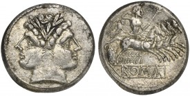 Anonymous, Didrachm - Quadrigatus, Rome, ca. 225-212 BC. AR (g 6,33; mm 20; h 11). Laureate head of Janus, Rv. Jupiter, holding sceptre and thunderbol...