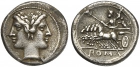 Anonymous, Drachm - Half Quadrigatus, Rome, ca. 225-212 BC. AR (g 3,24; mm 18; h 12). Laureate head of Janus, Rv. Jupiter, holding sceptre and thunder...